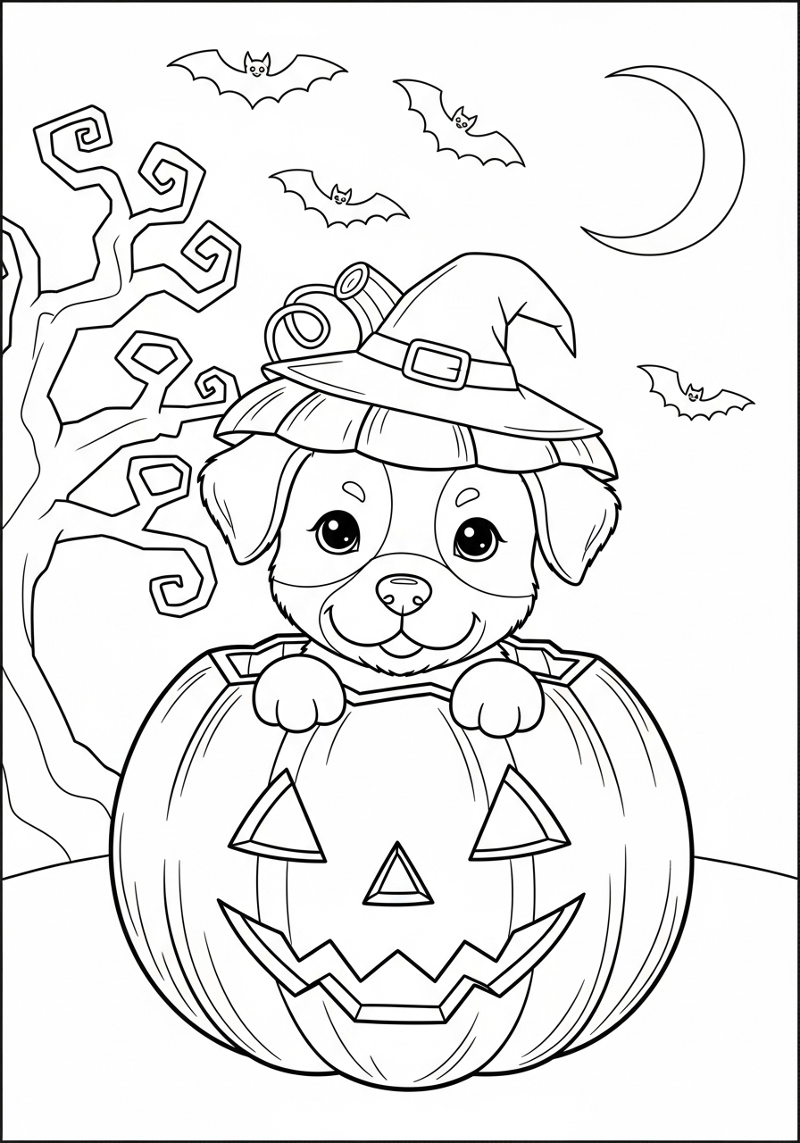 Desenho de Cachorrinho usando chapéu em abóbora para colorir