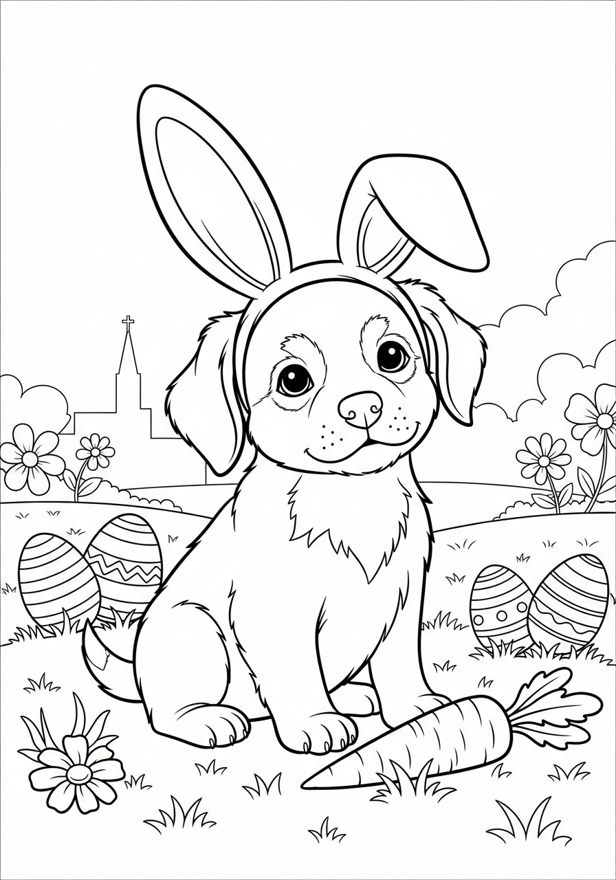 Desenho de Cachorrinho usando orelhas de coelho para colorir