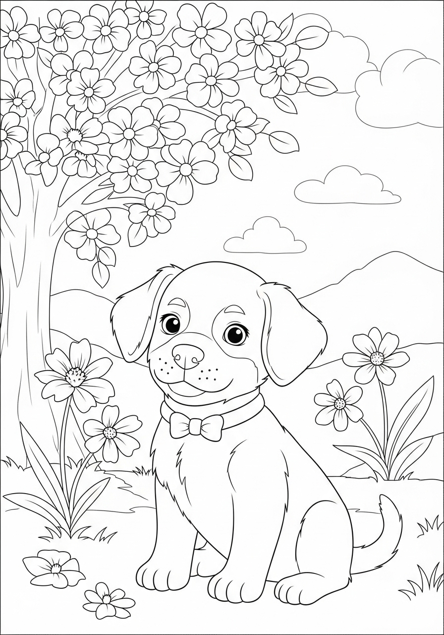 Desenho de Cachorrinho com flores para imprimir e colorir