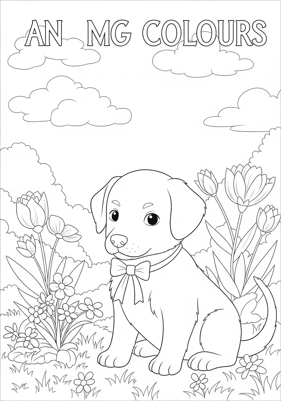 Desenho de Cachorrinho Fofo entre flores para imprimir e colorir