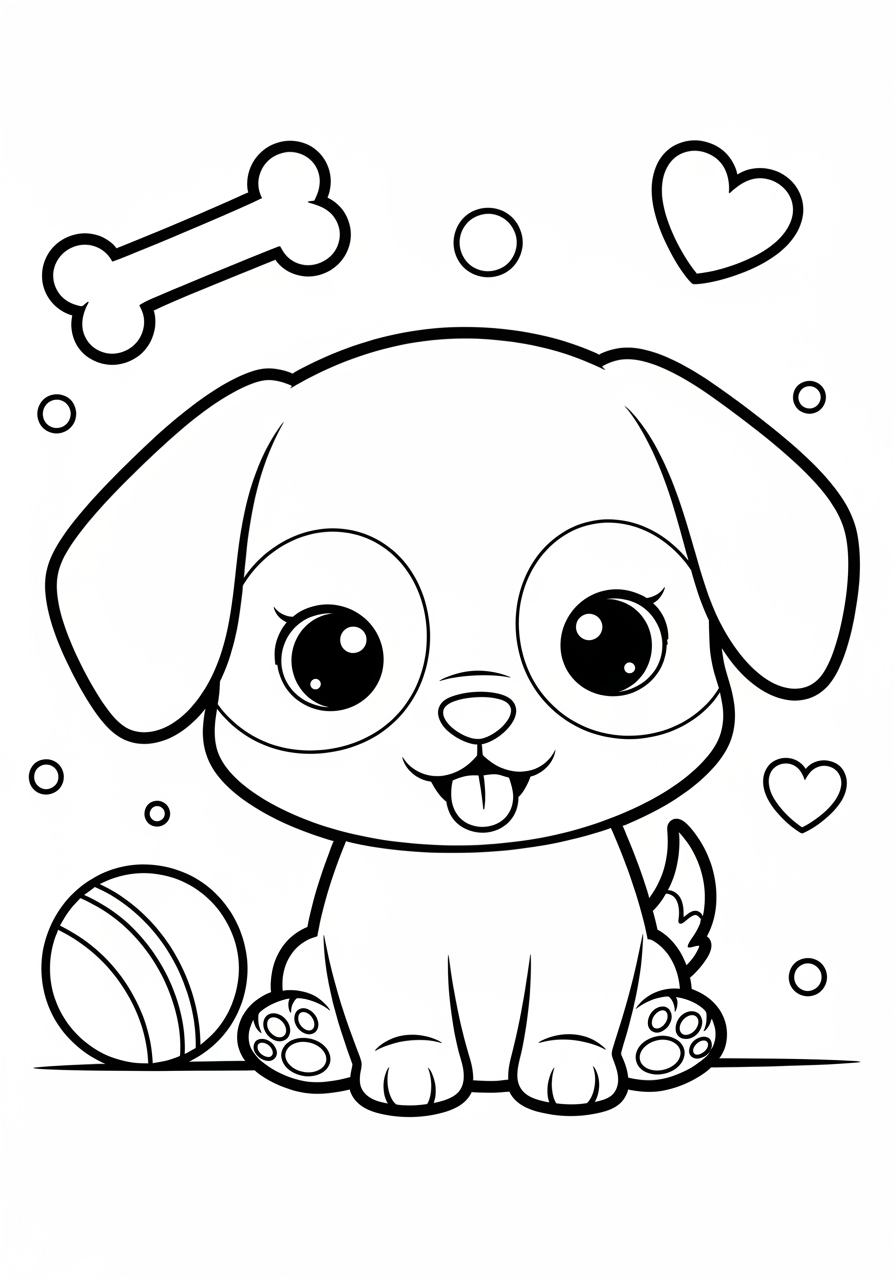 Desenho de Cachorrinho Fofo com bola e ossinho para colorir