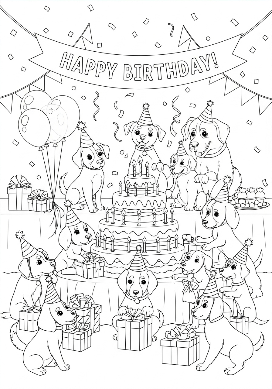 Desenho de Cachorrinho em festa de aniversário para colorir