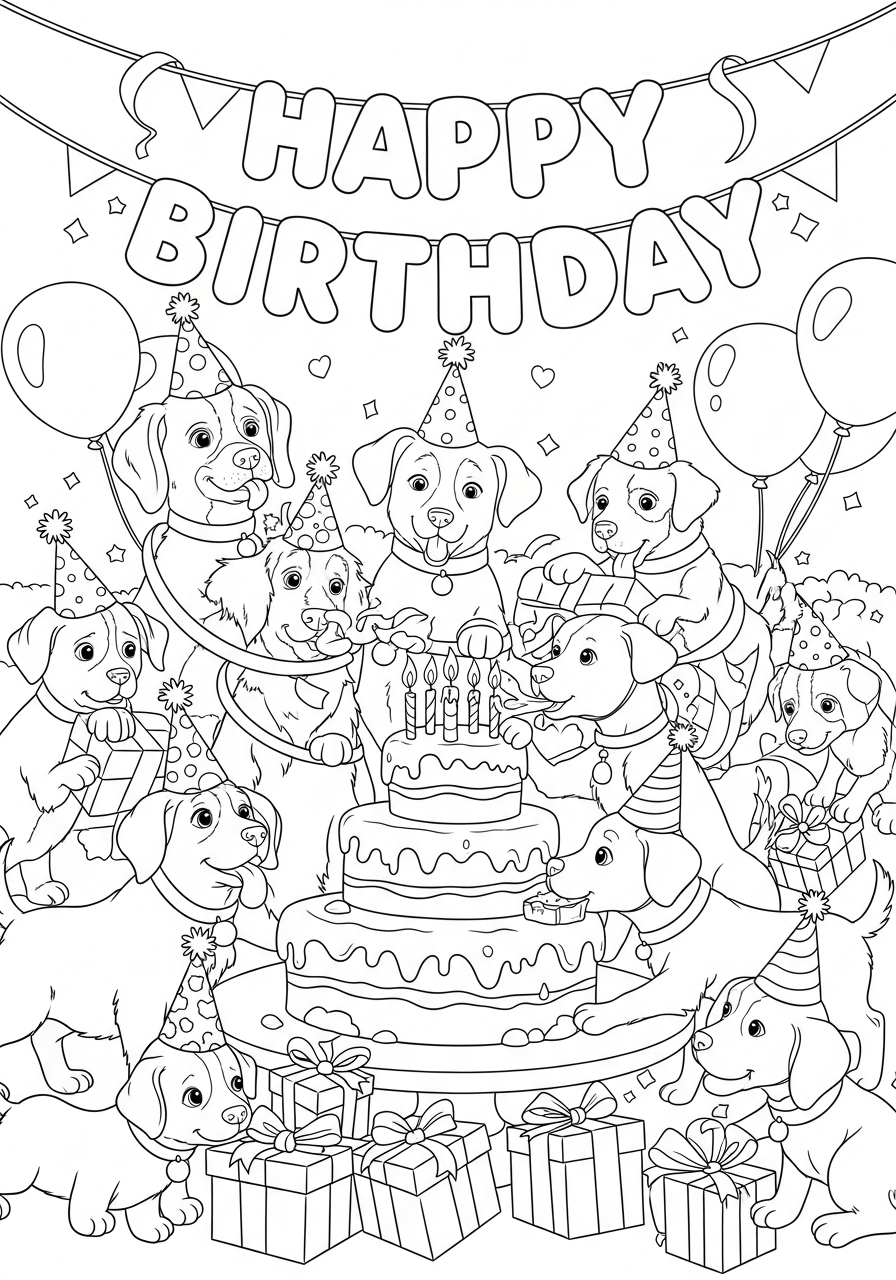 Desenho de Cachorrinho em festa de aniversário para colorir