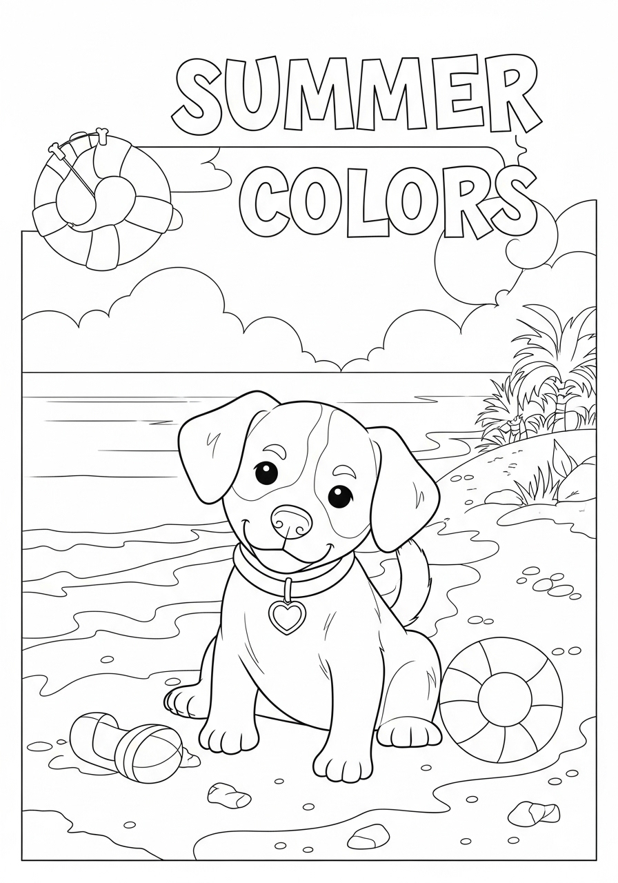 Desenho de Cachorrinho na praia para imprimir e colorir