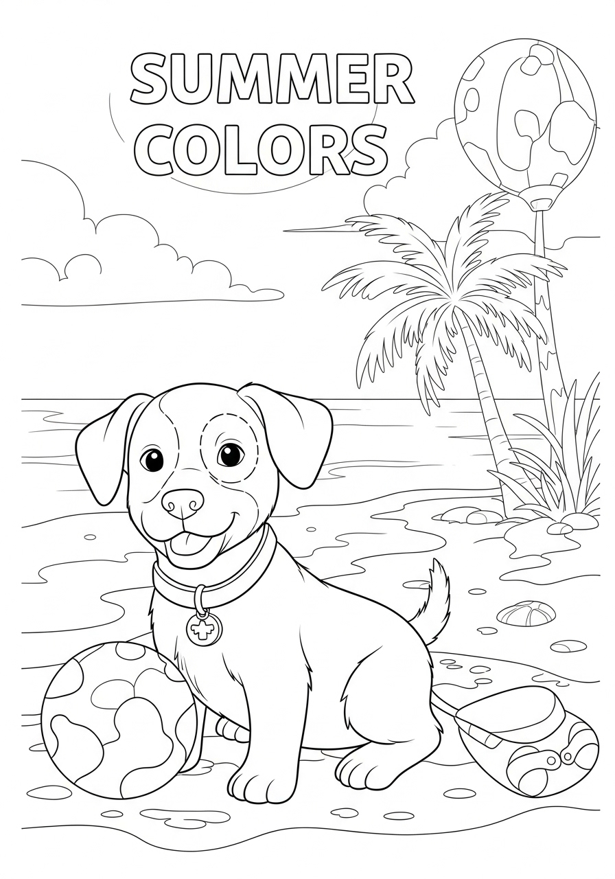 Desenho de Cachorrinho na praia com bola para imprimir e colorir