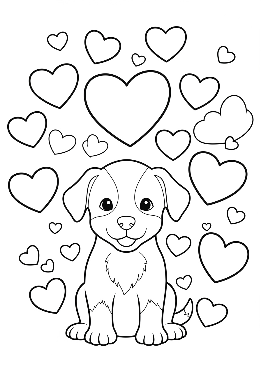 Desenho de Cachorrinho com corações para imprimir e colorir
