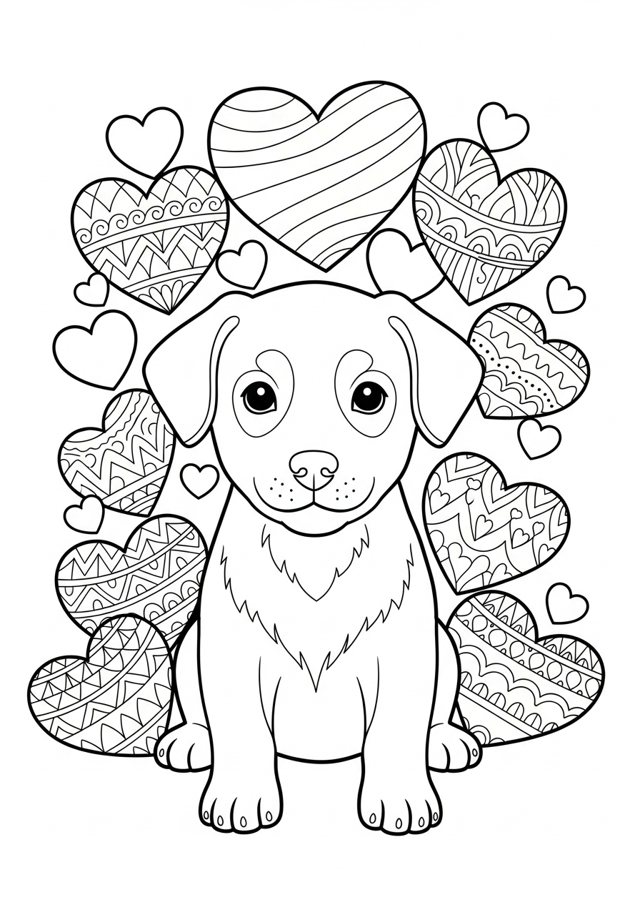 Desenho de Cachorrinho com corações para imprimir e colorir