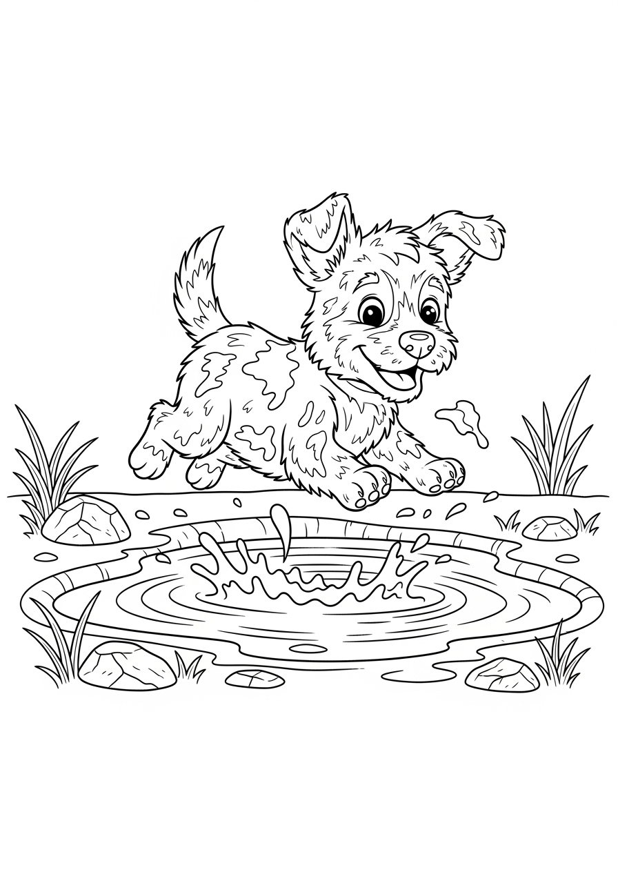 Desenho de Cachorrinho alegre brincando ao lado de água