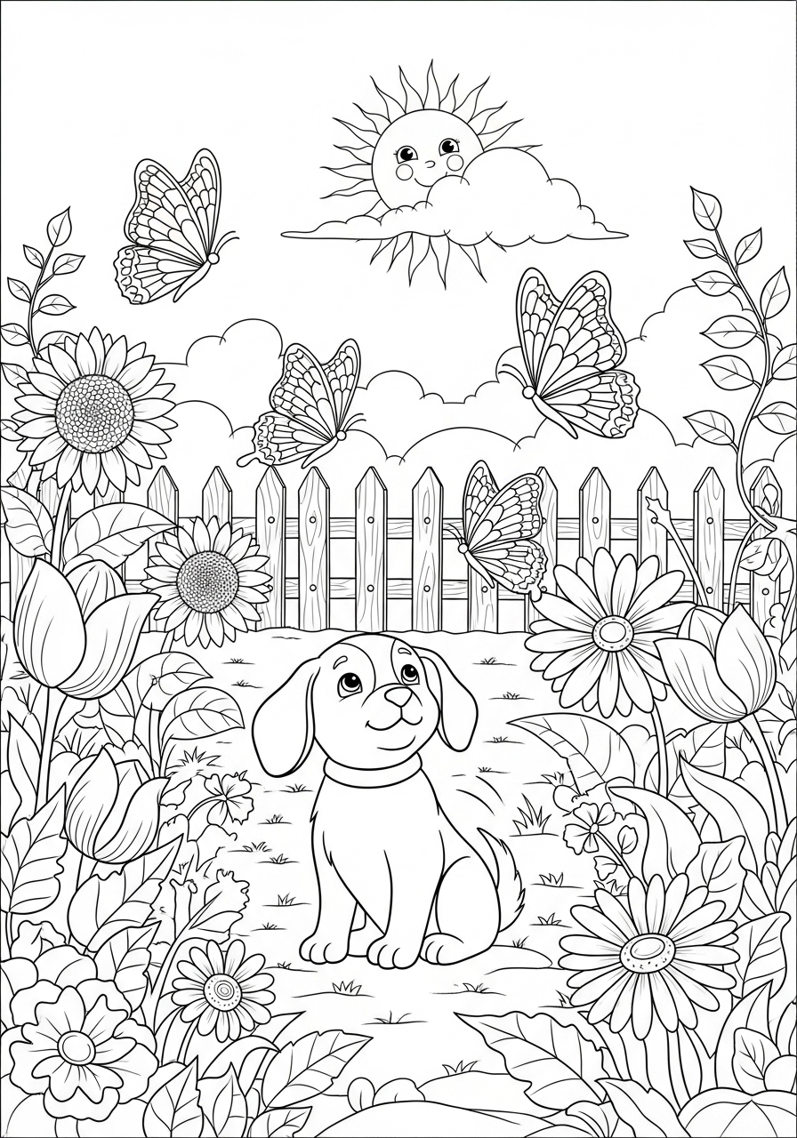 Desenho de Cachorrinho feliz rodeado de flores para colorir