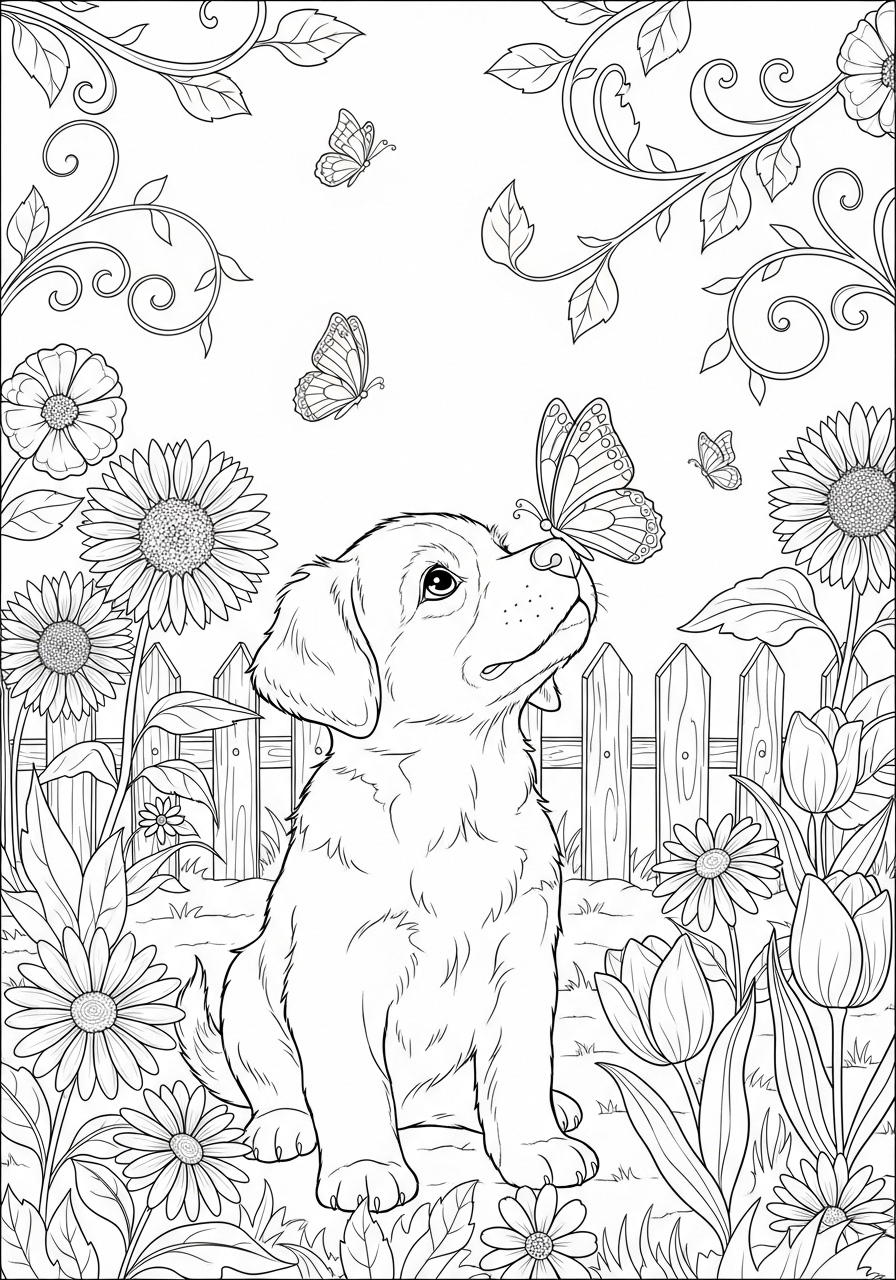 Desenho de Cachorrinho olhando para borboleta para colorir