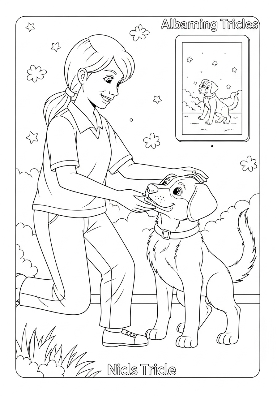 Desenho de Cachorrinho sendo acariciado por menina para colorir