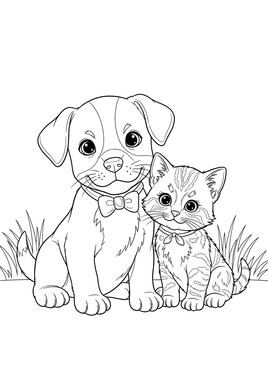 Desenho de Cachorrinho e Gatinho fofos para imprimir e colorir