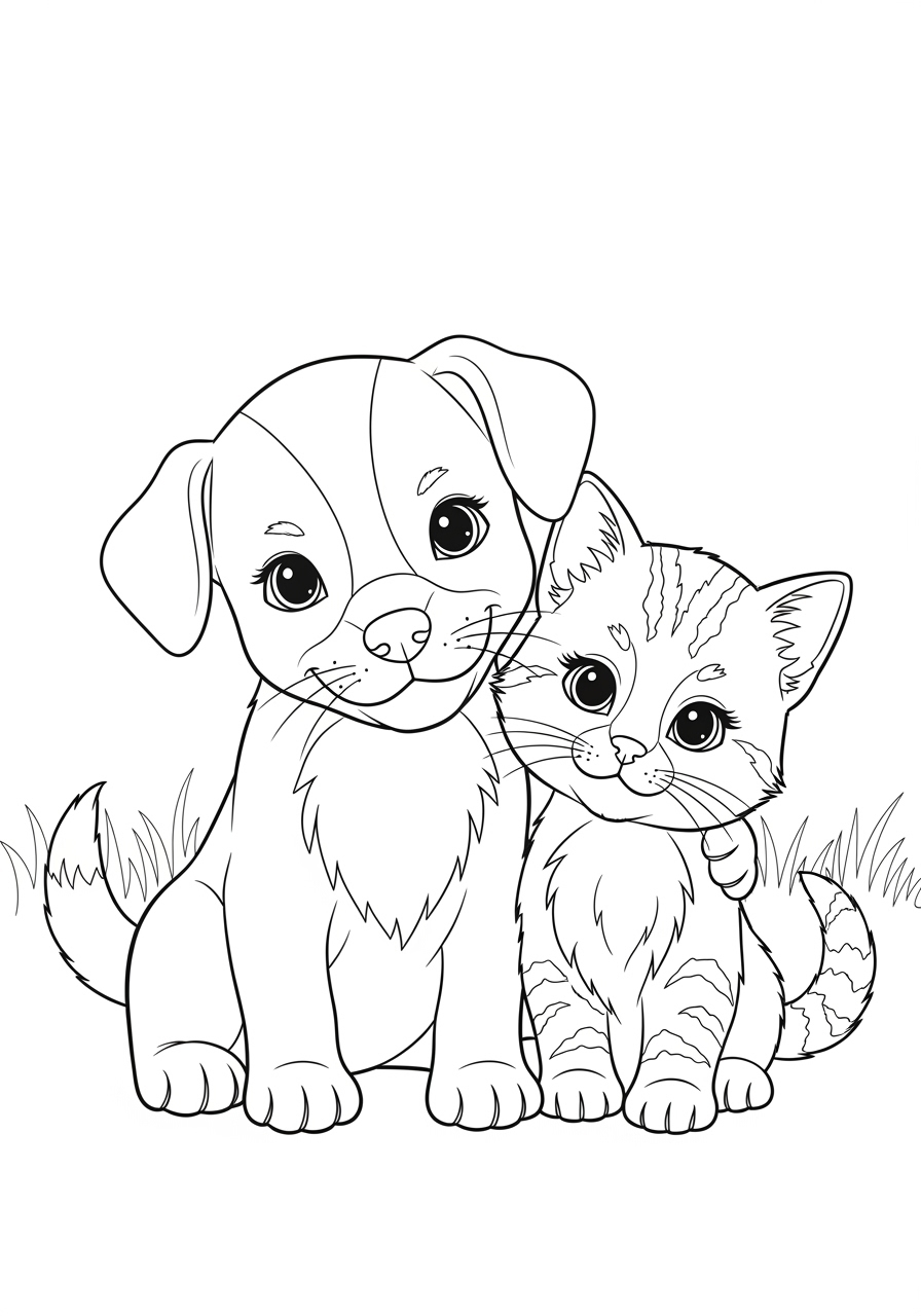 Desenho de Cachorrinho e Gato Fofo para imprimir e colorir