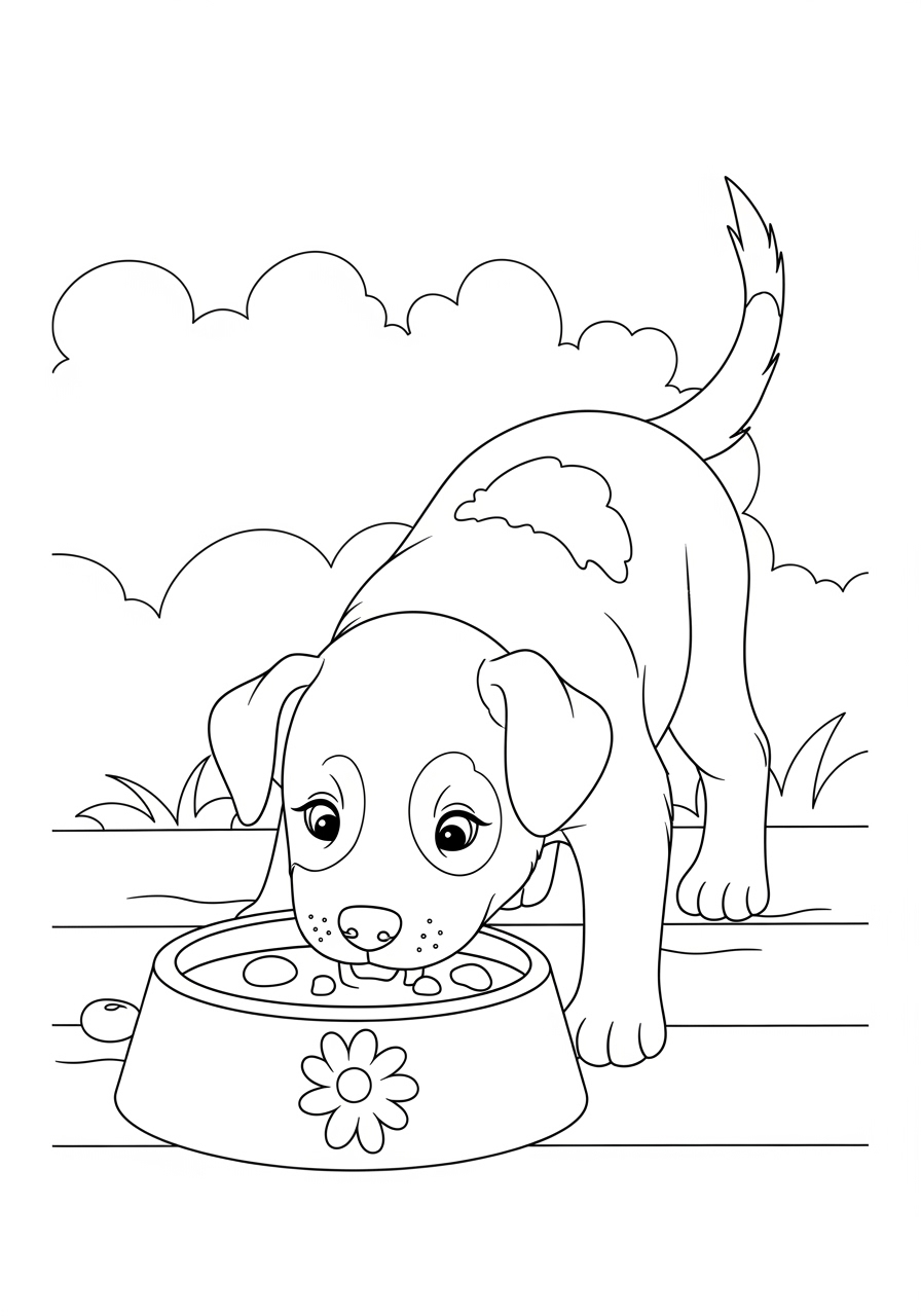 Desenho de Cachorrinho comendo em tigela para colorir