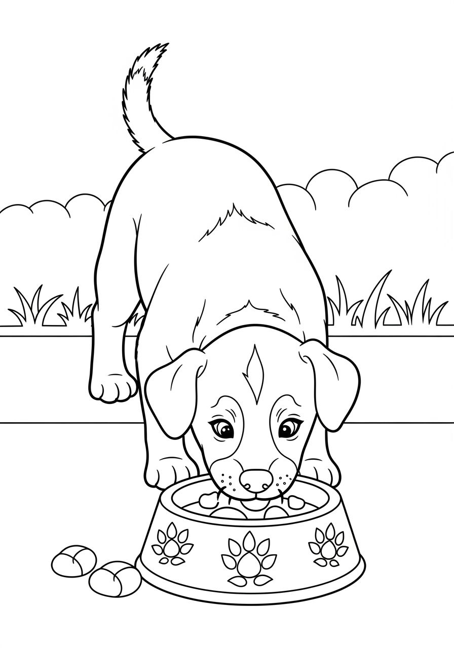 Desenho de Cachorrinho comedouro para imprimir e colorir