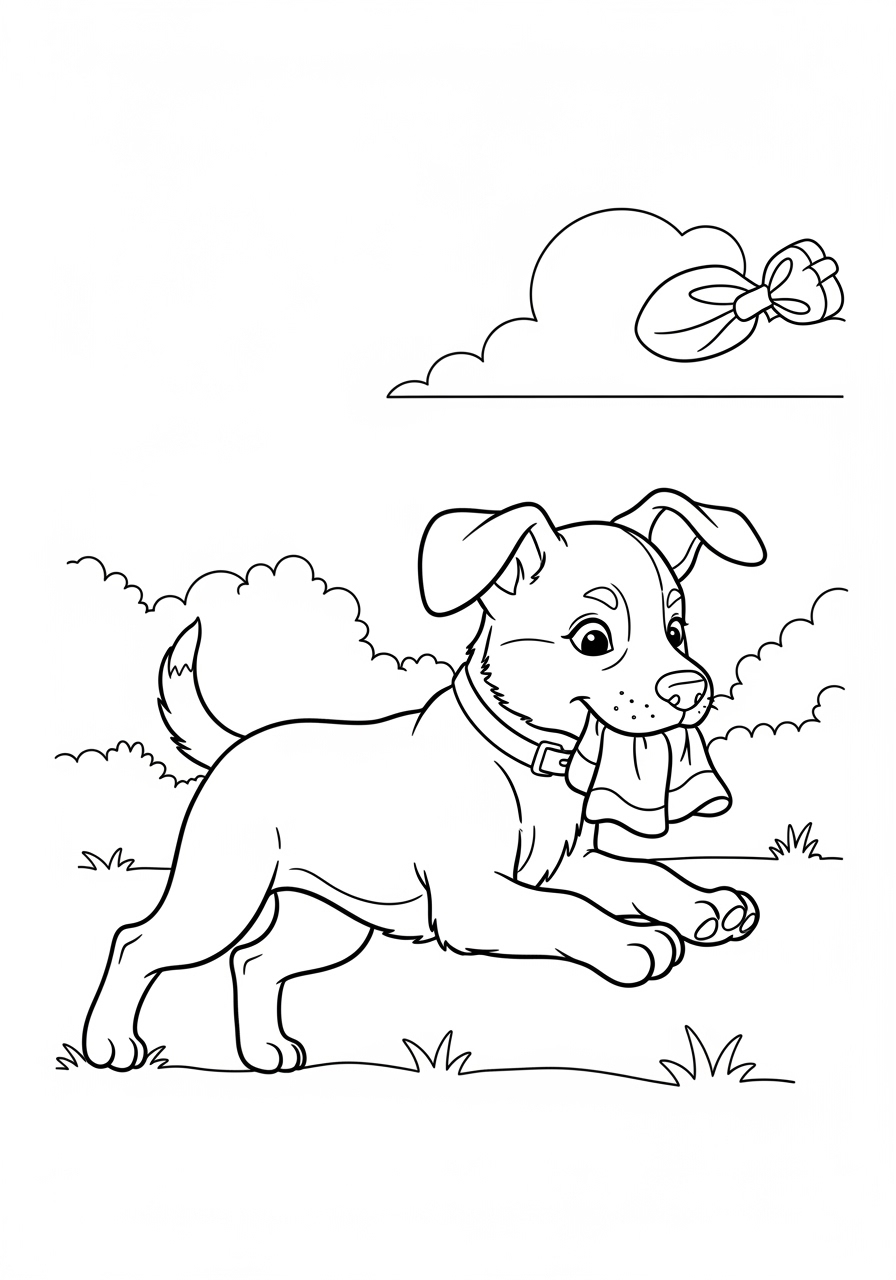 Desenho de Cachorrinho correndo com pano para imprimir e colorir