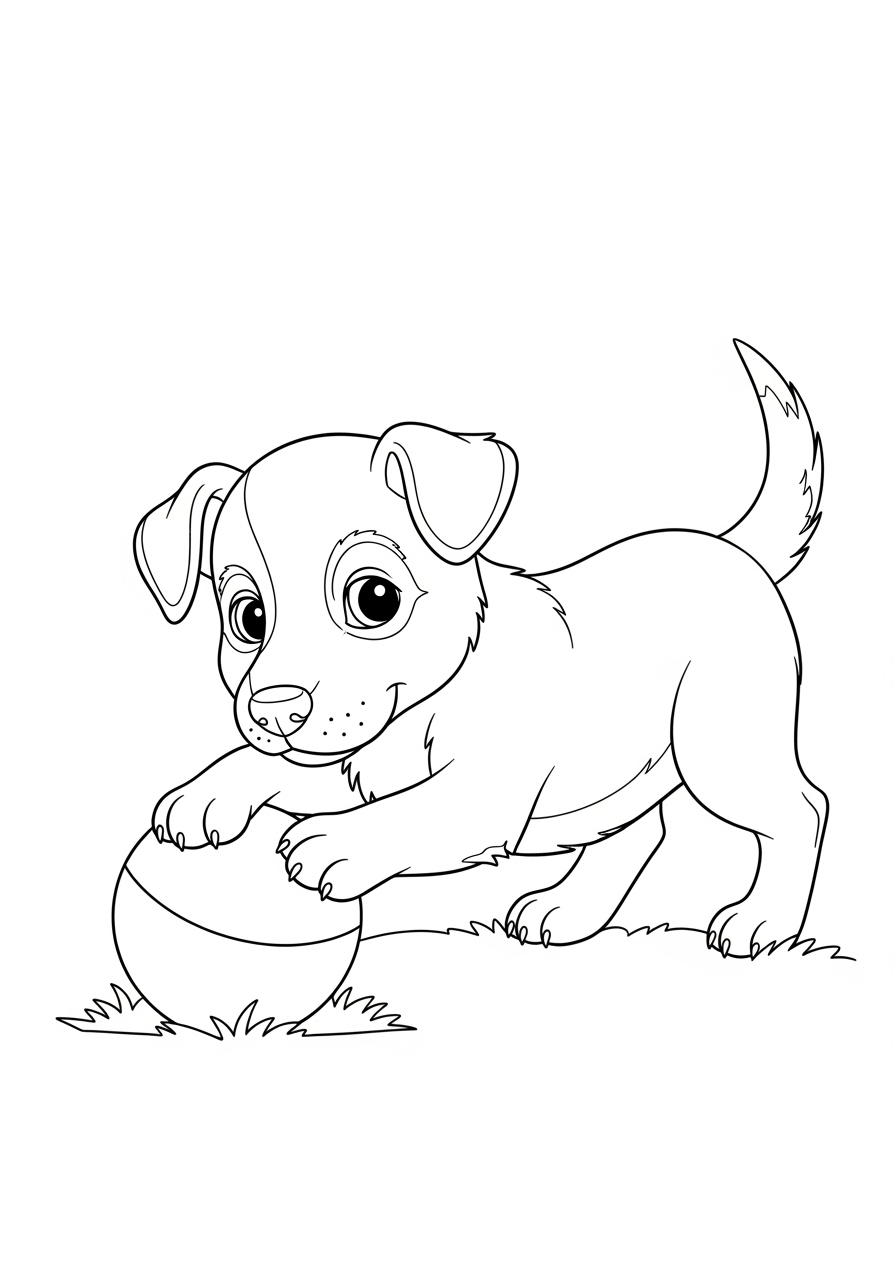 Desenho de Cachorrinho brincando com bola para imprimir e colorir