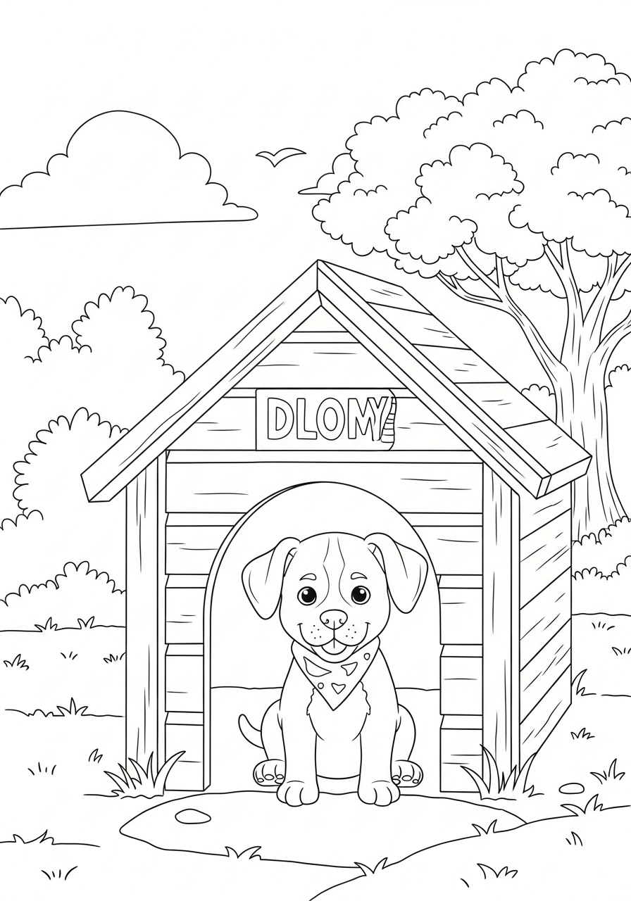 Desenho de Cachorrinho na casinha para imprimir e colorir