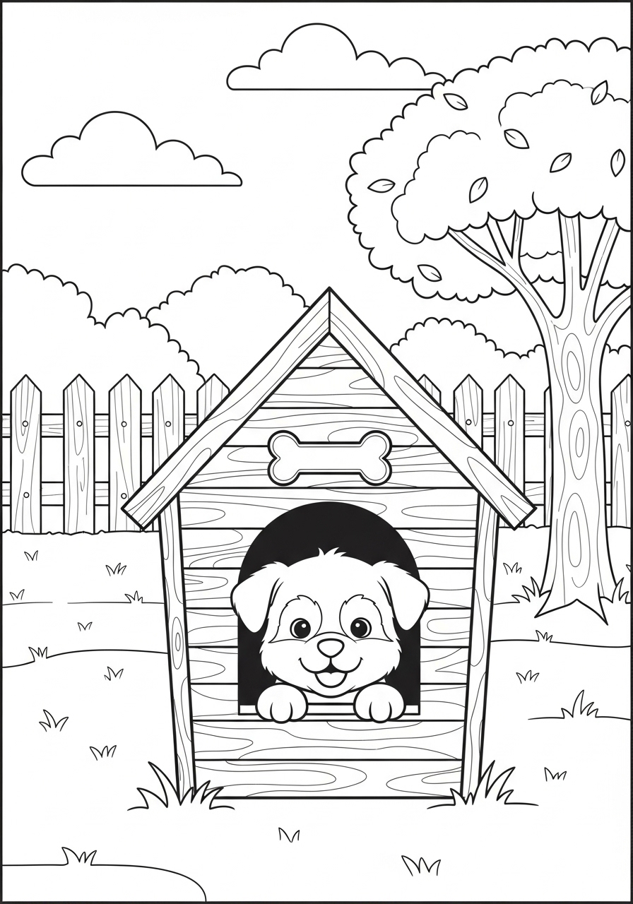 Desenho de Cachorrinho sorridente na casinha para colorir