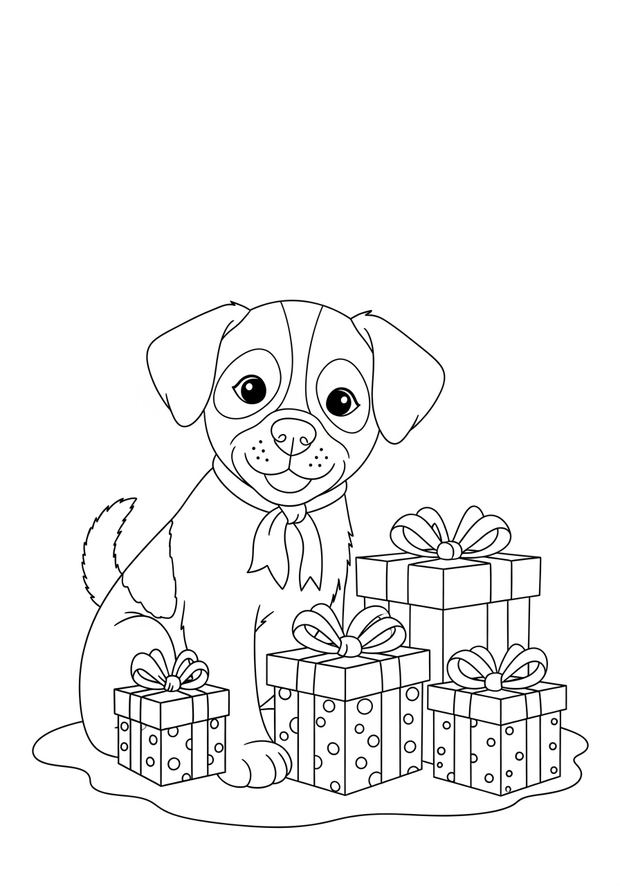 Desenho de Cachorrinho com presentes para imprimir e colorir
