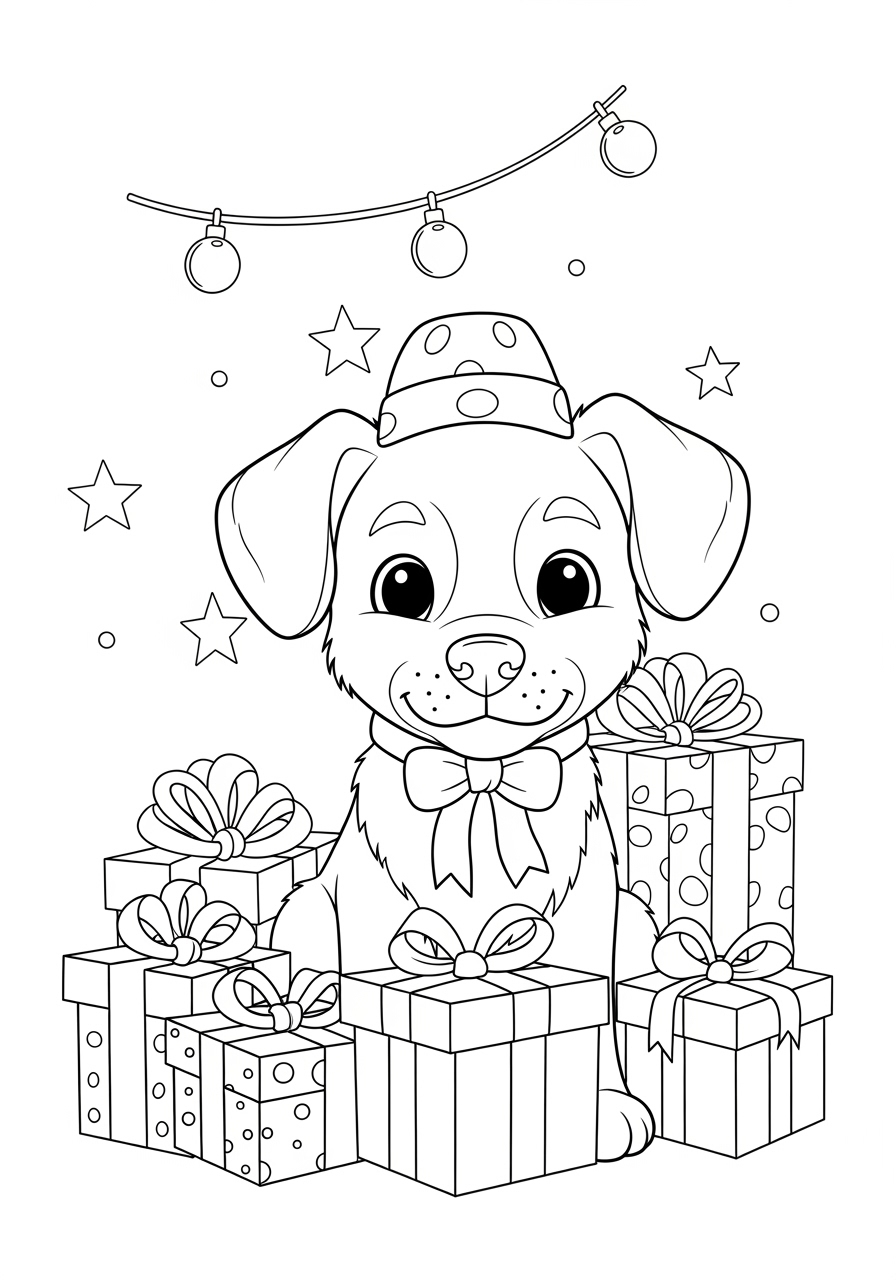 Desenho de Cachorrinho com presentes em festa para colorir