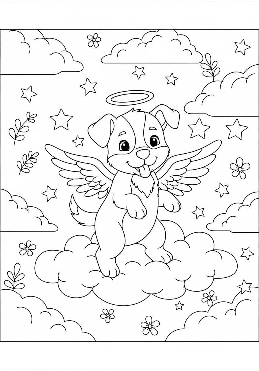Desenho de Cachorrinho Fofo com asas em nuvem para colorir