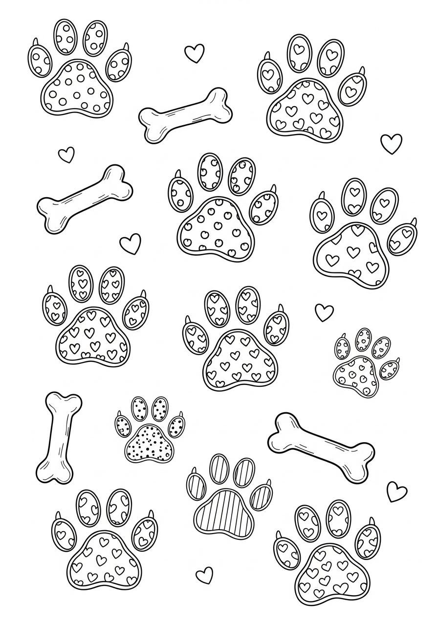 Desenho de patas de cachorrinho e ossos para imprimir e colorir