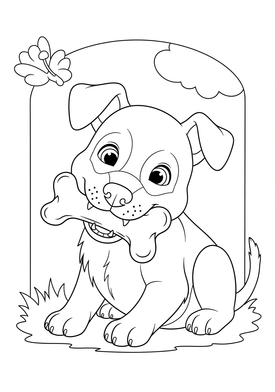 Desenho de Cachorrinho segurando um osso para imprimir e colorir
