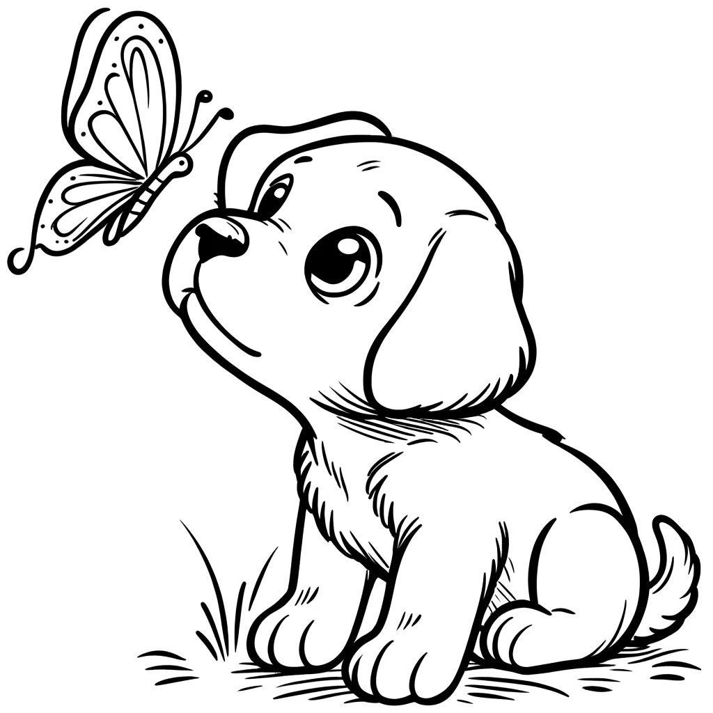 Desenho de Cachorro: Cachorro Fofinho com Borboleta para desenhar
