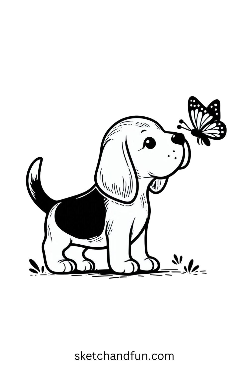 Desenho de Cachorro Beagle com borboleta para desenhar