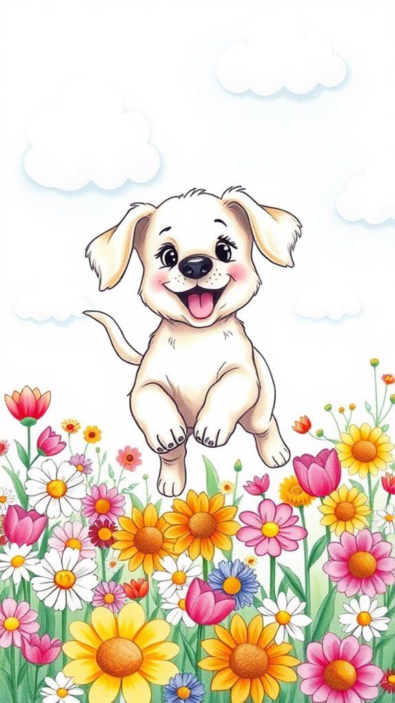 Desenho de Cachorro Labrador Fofo com flores para desenhar