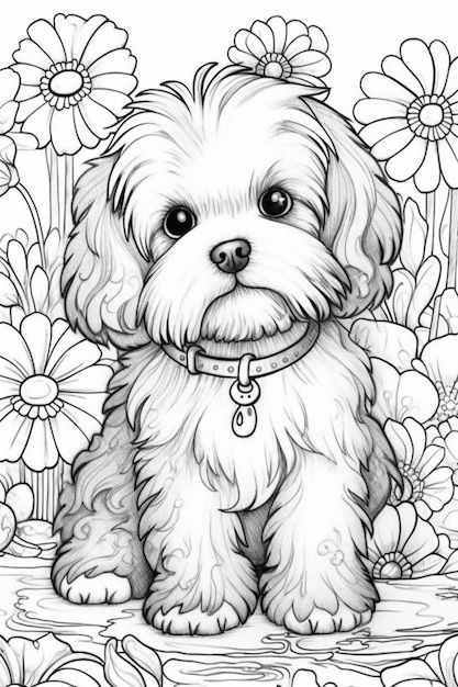 Desenho de Cachorro: Cachorro Fofo com flores para desenhar