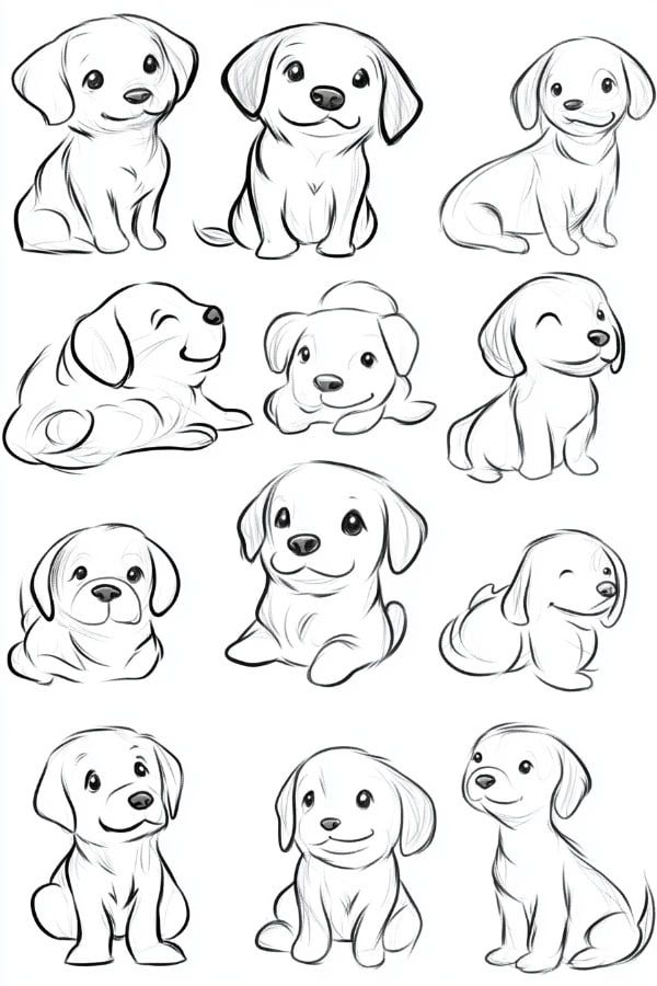 Desenho de Cachorro: Filhotes de cachorro fofo para desenhar