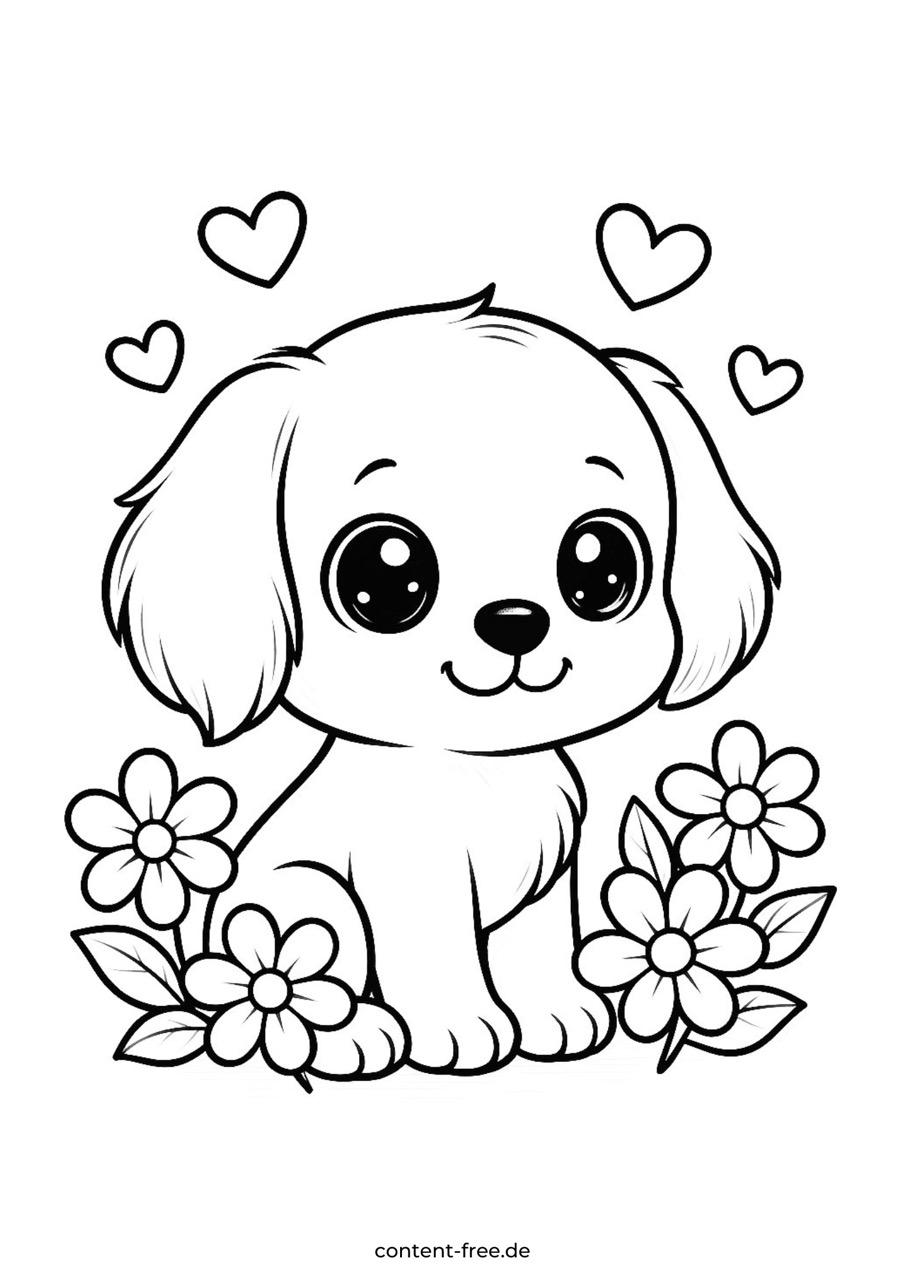 Desenho de Cachorro: Cachorrinho fofo sentado entre flores