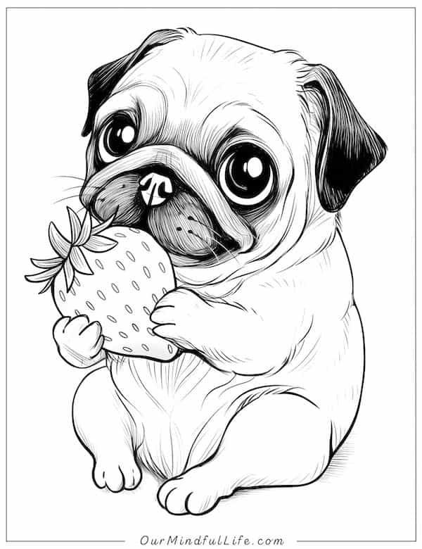 Desenho de Cachorro: Pug com morango para desenhar
