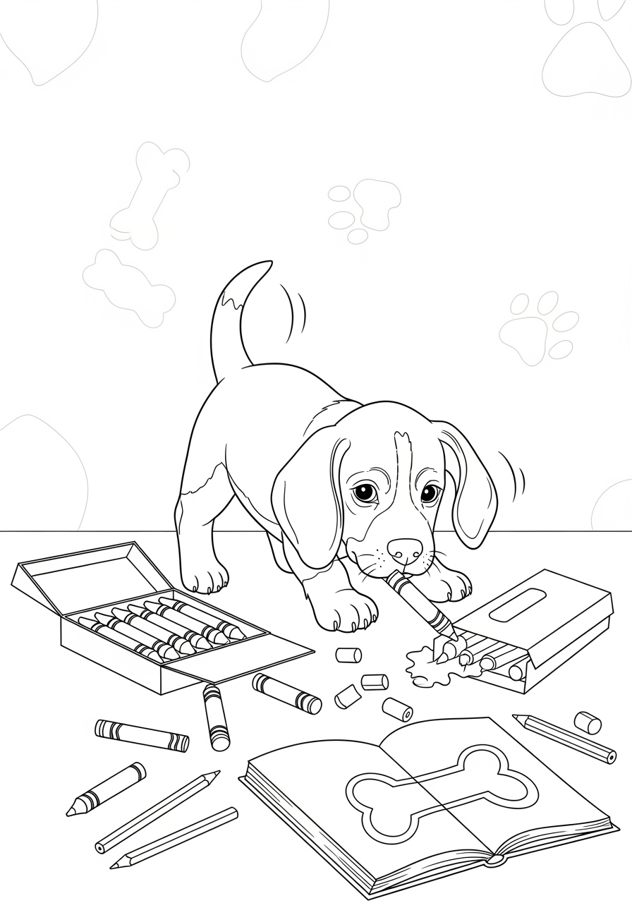 Desenho de Cachorro Beagle brincando com lápis para imprimir e colorir