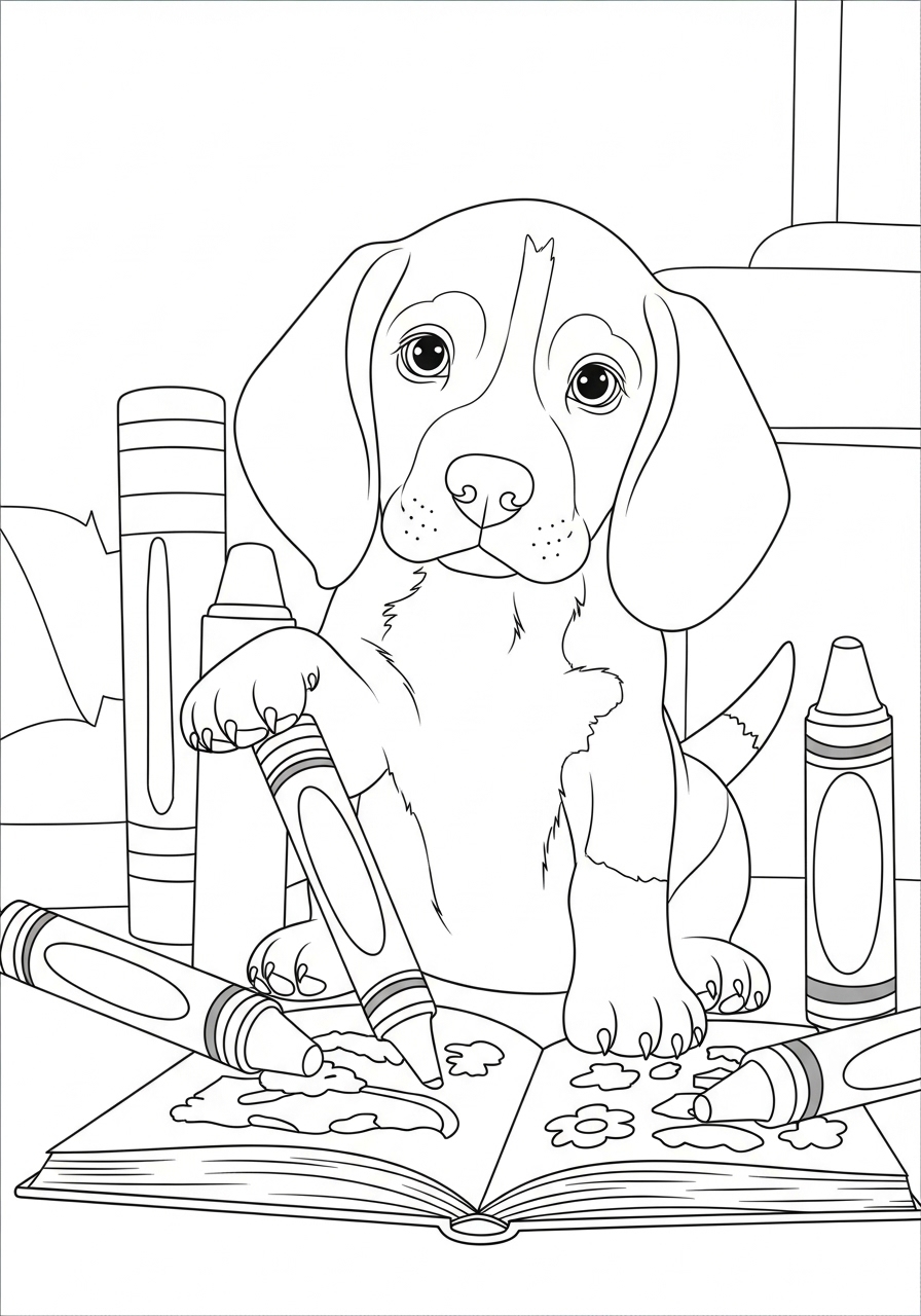 Desenho de Cachorro Beagle colorindo em um livro para imprimir