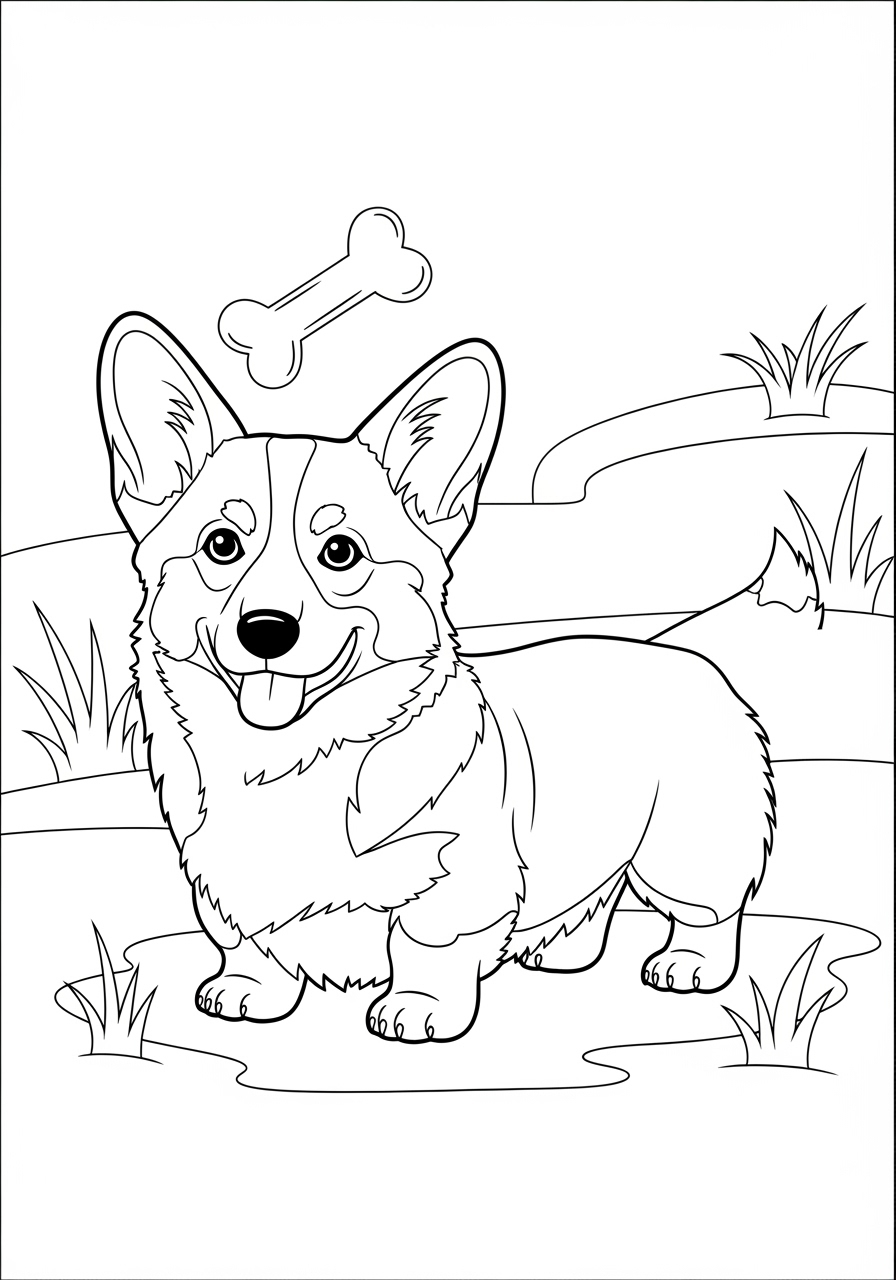 Desenho de Cachorro Corgi feliz para imprimir e colorir