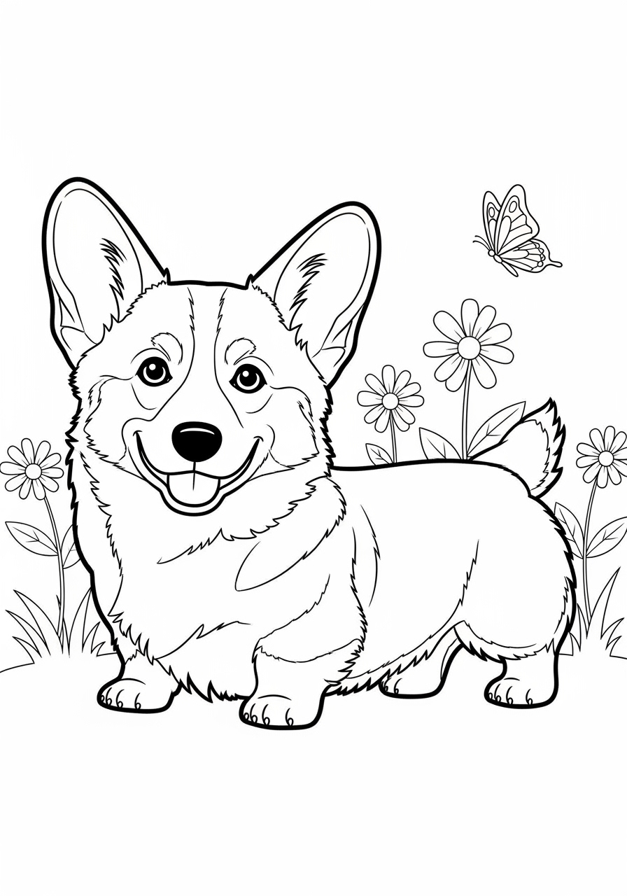 Desenho de Cachorro Corgi sorrindo para imprimir e colorir