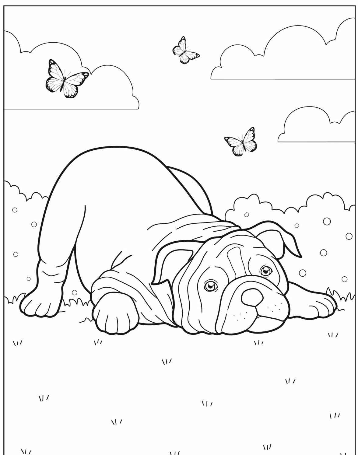 Desenho de Cachorro Bulldog deitado para imprimir e colorir