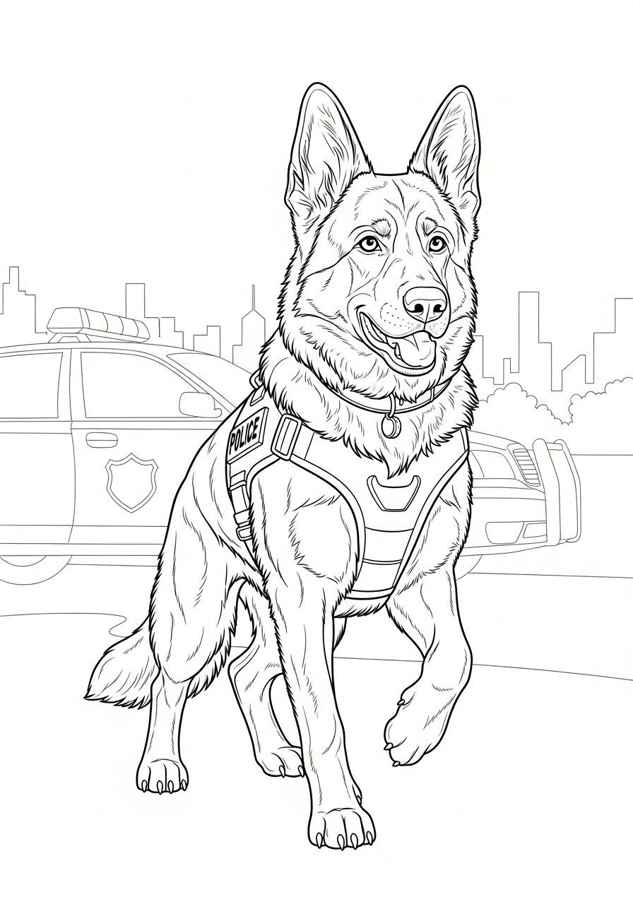 Desenho de Cachorro Pastor Alemão policial para imprimir e colorir