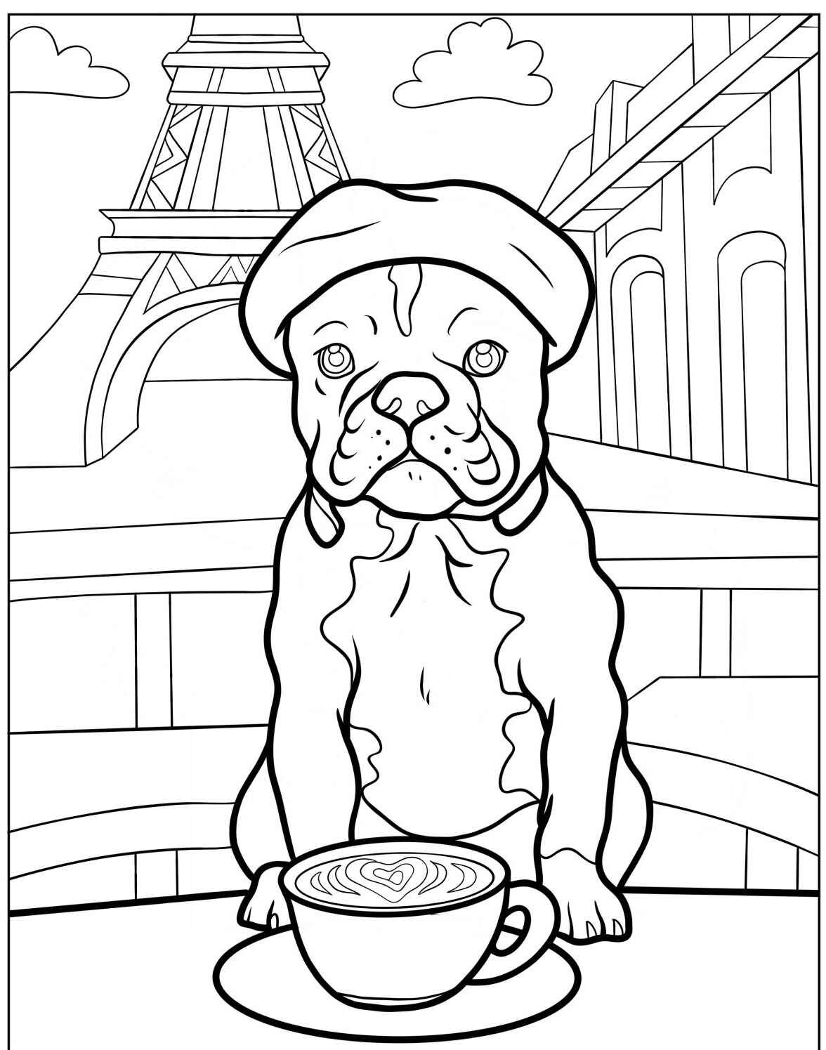Desenho de Bulldog sentado com xícara de café para colorir