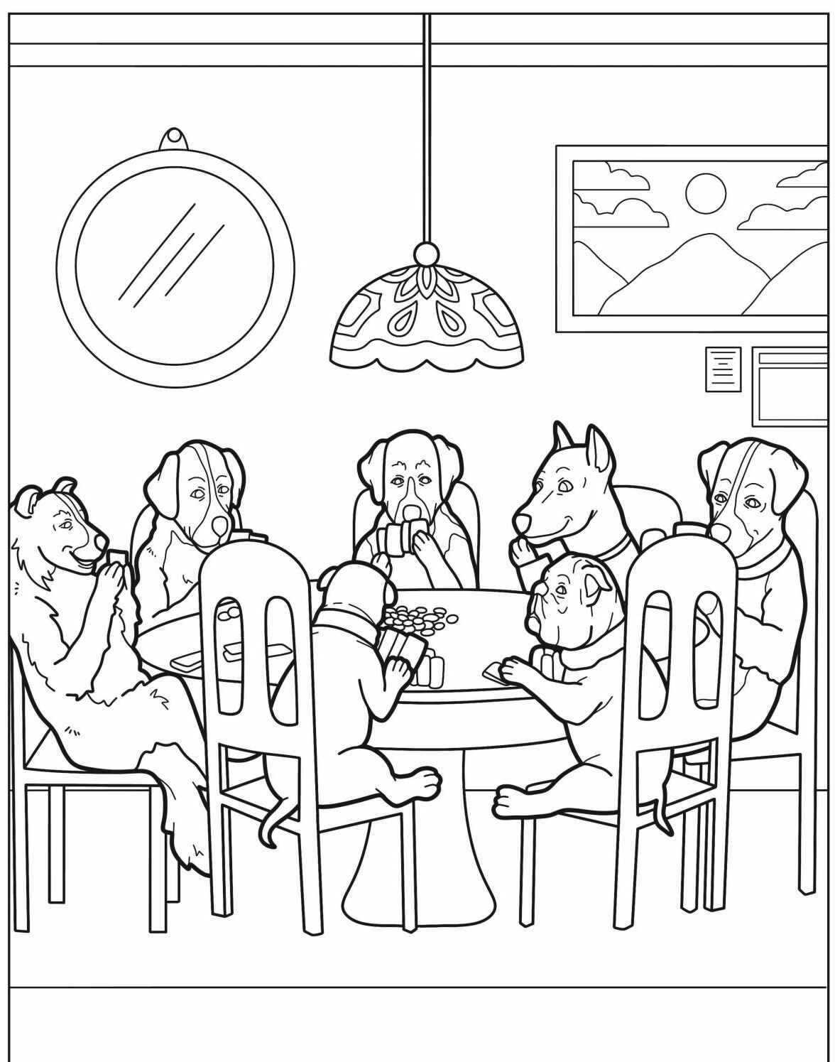 Desenho de vários cães reunidos em torno de uma mesa