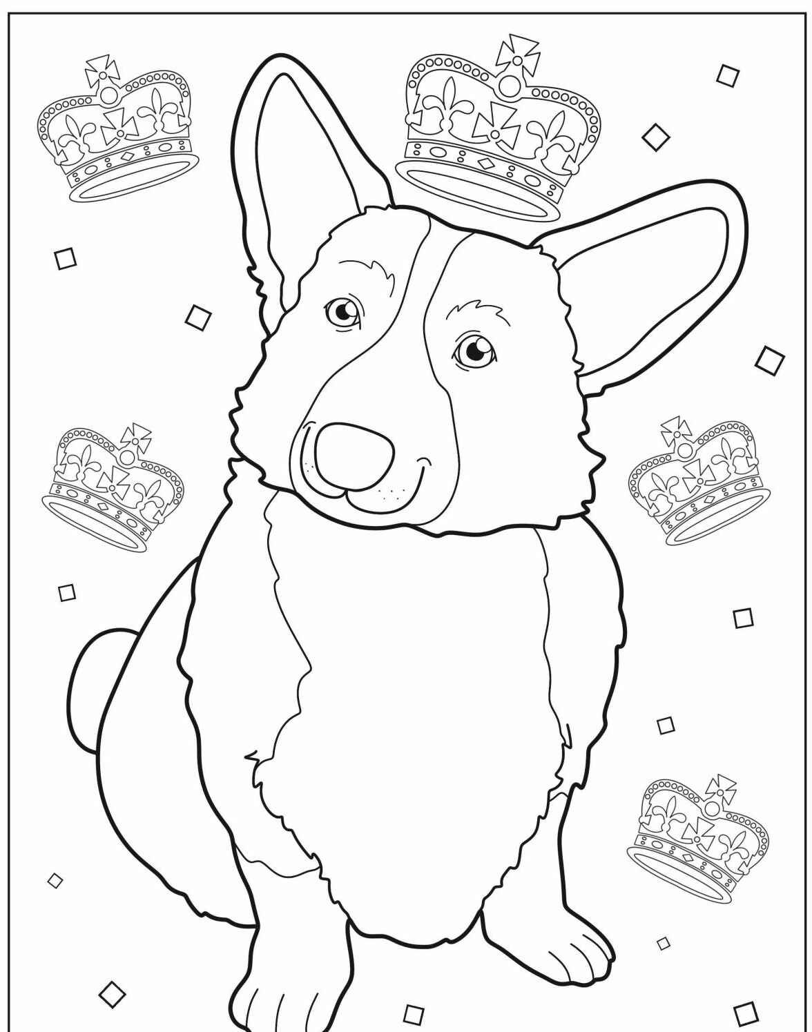Desenho de Cachorro Corgi com coroas para imprimir e colorir