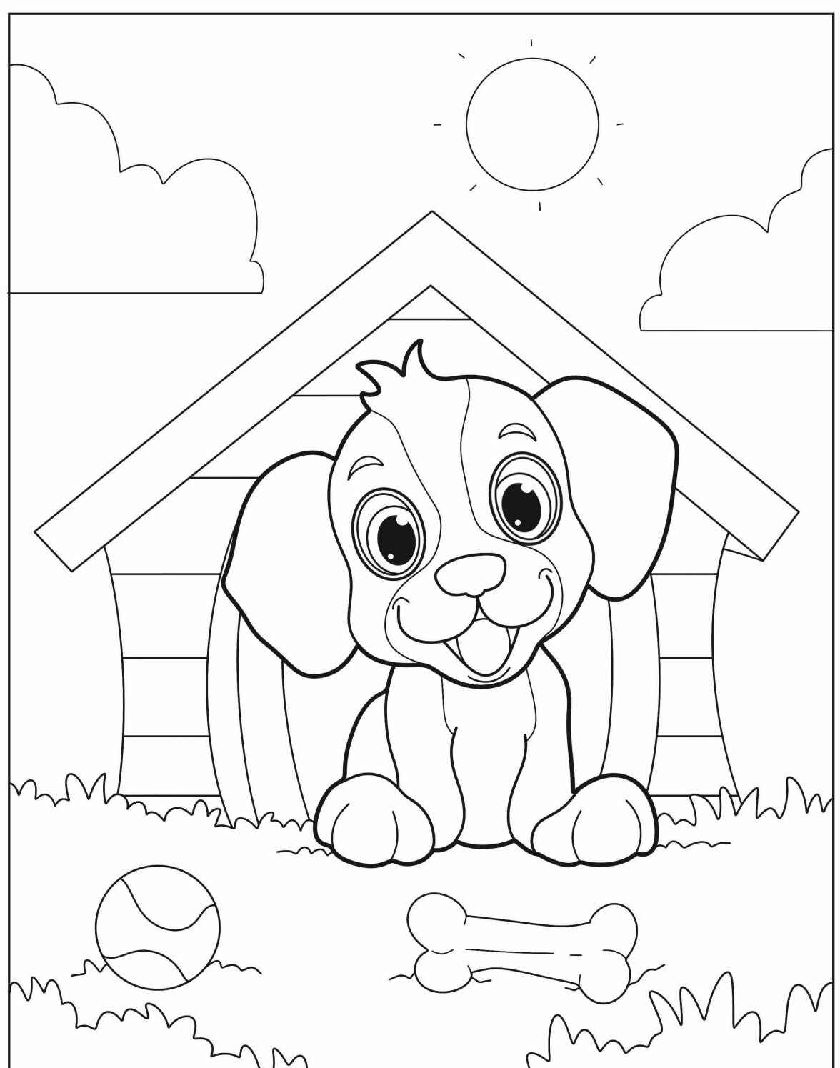 Desenho de Cachorro feliz na casinha para imprimir e colorir