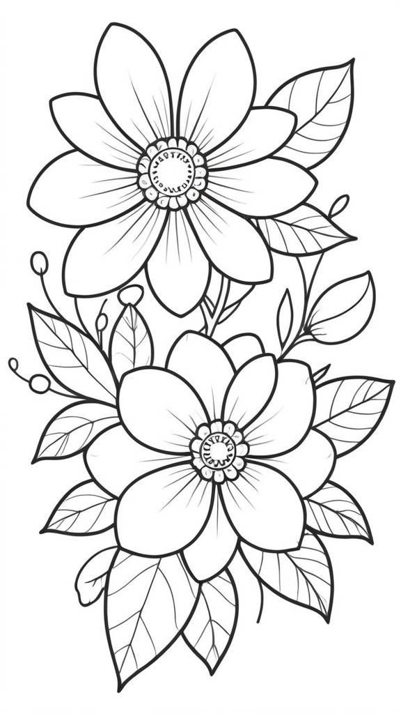 Desenho de Flores: Flores fofas com folhas para desenhar