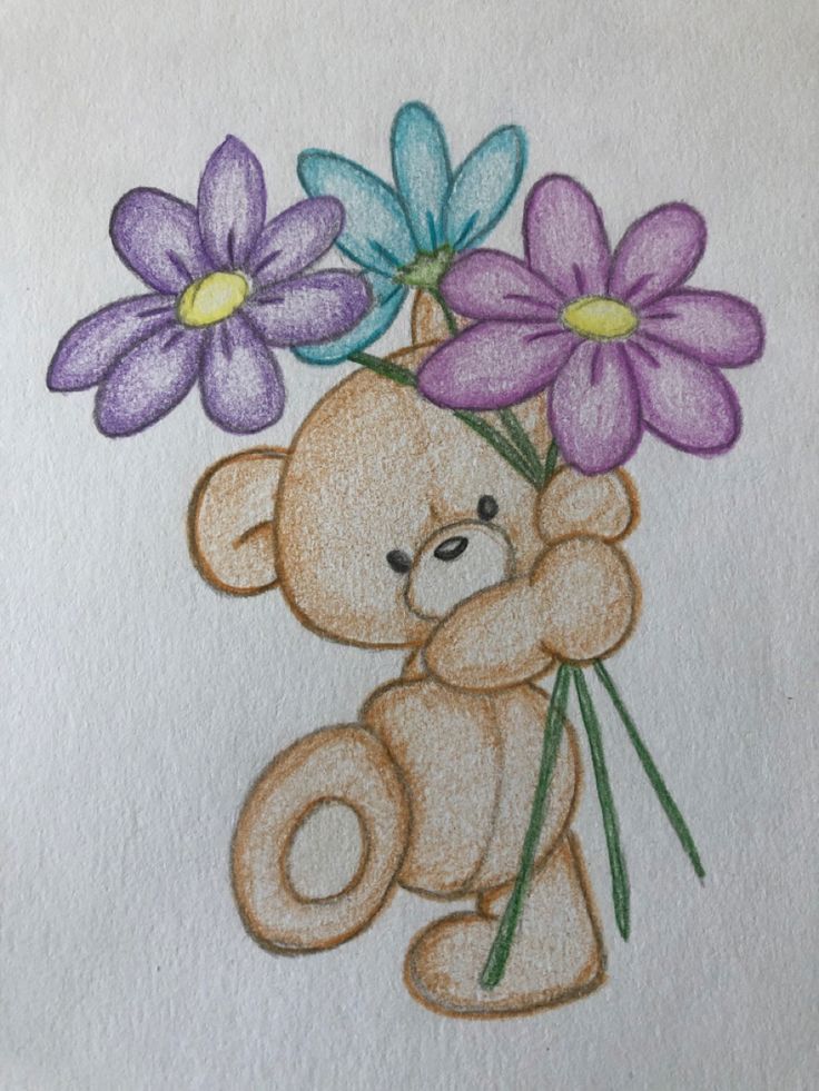 Desenho de Flores: Flores coloridas com ursinho para desenhar