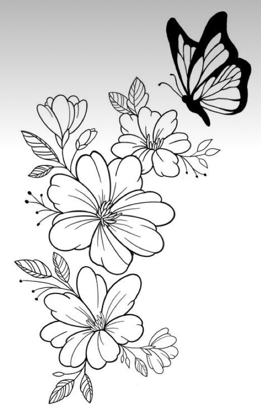 Desenho de Flores: Flores com Borboleta para desenhar