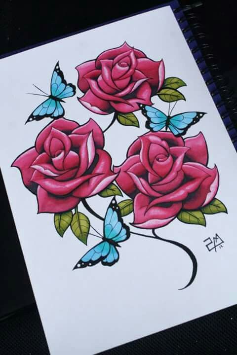 Desenho de Flores: Rosas com Borboletas para desenhar