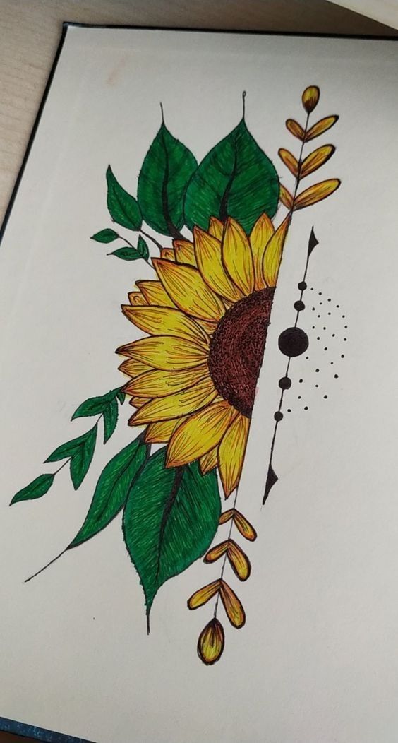 Desenho de Flores: Girassol com folhagens para desenhar